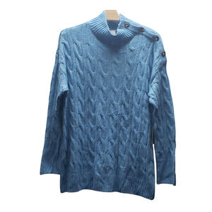 St. John’s Bay Women’s PL Sweater Durango Blue Bellflower Knit NWT Ruffle Collar